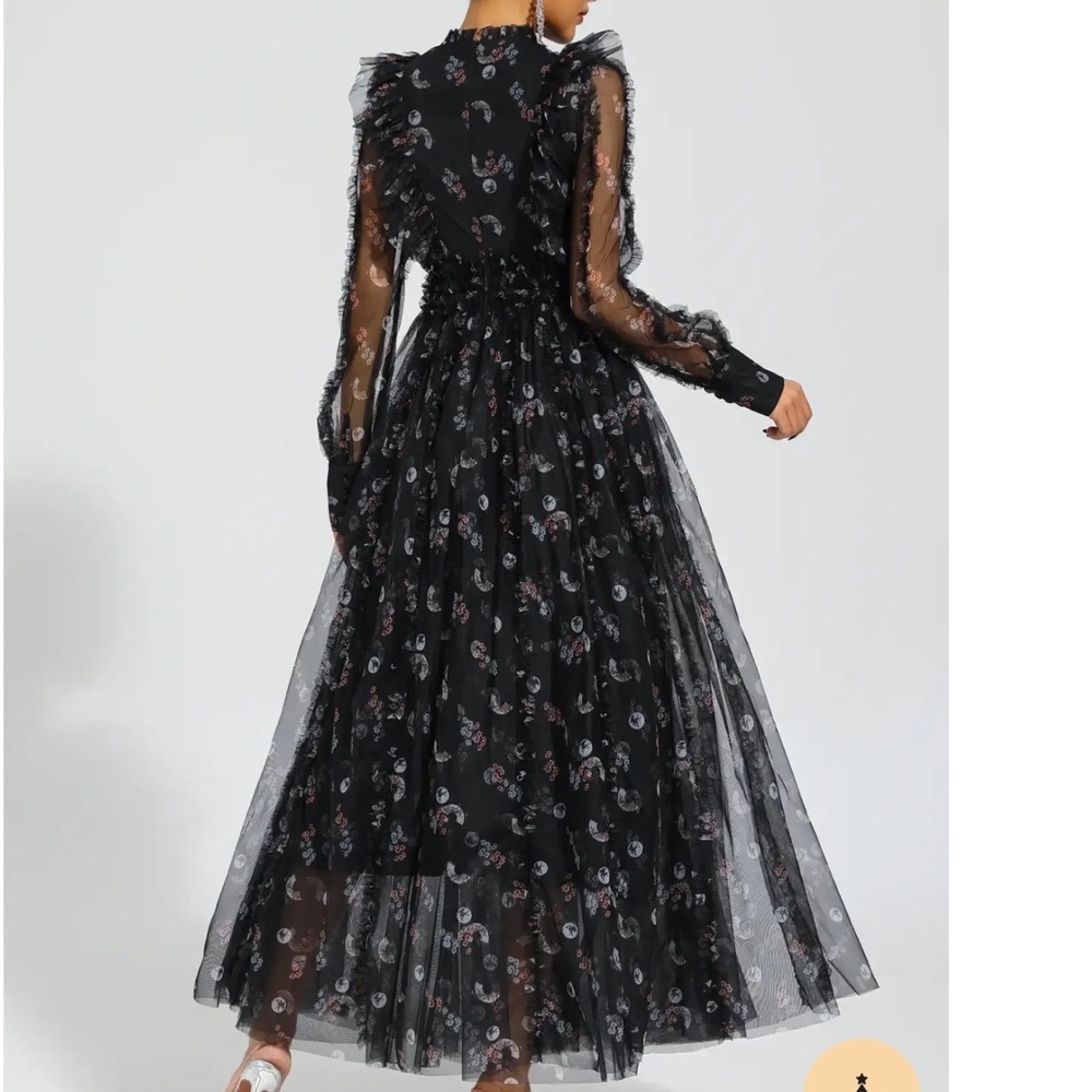 Catchall Floral Tulle Maxi Dress Women L NEW Ruffle Sheer Long Sleeve Black - Picture 2 of 13